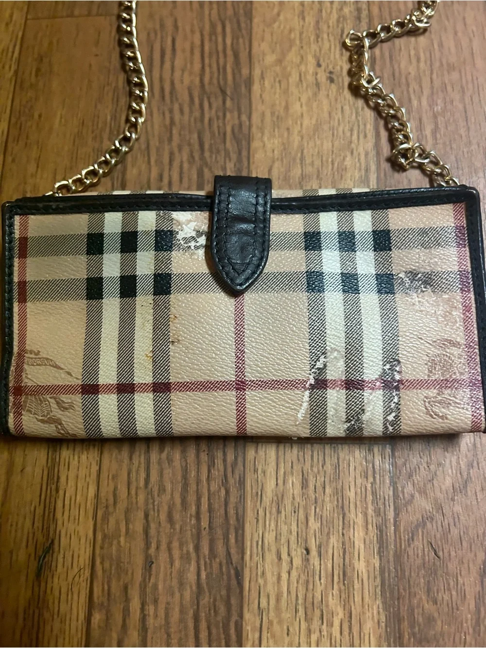 Burberry Classic Plaid Crossbody Wallet with Chain Strap - Beige/Black